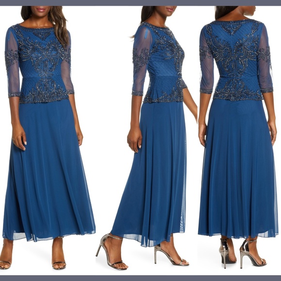 NEW Pisarro Nights Beaded Mock Peplum Gown Blue 8 - Picture 1 of 11